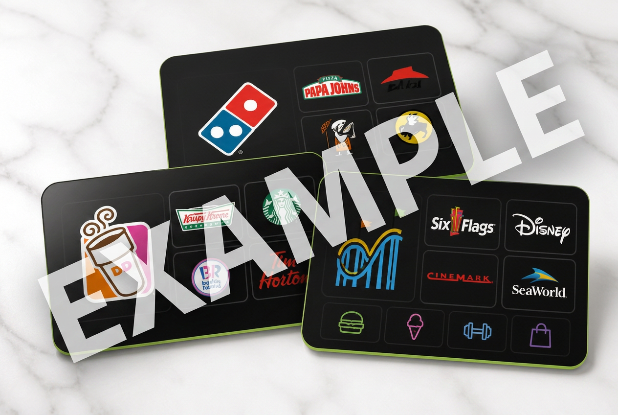 Three premium marketing discount cards showing merchant logos like pizza shops, coffee and donut shops, and family fun parks