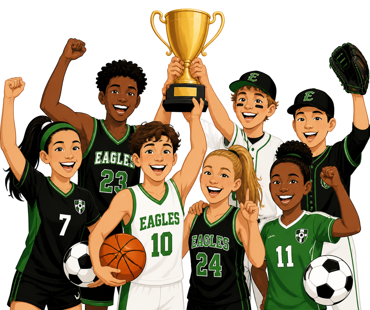 Happy youth athletes celebrating with trophy